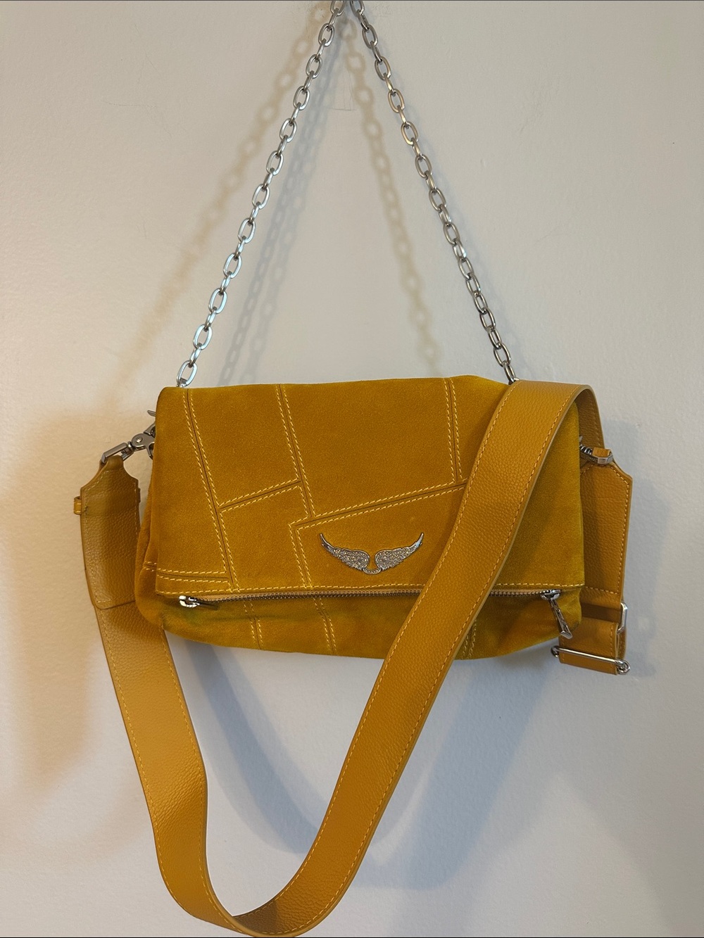 Zadig & Voltaire Mustard Yellow Suede Flap Crossbody with Chain and dust bag